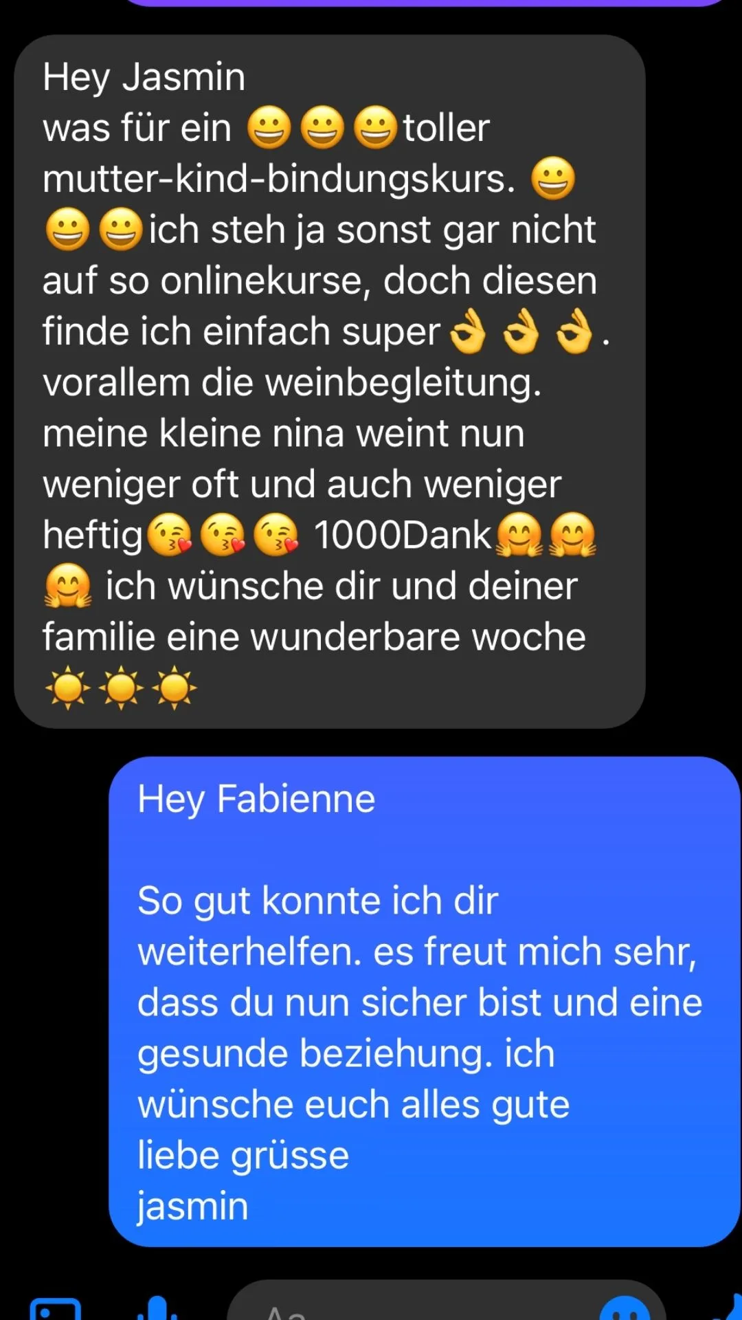 Screenshot einer Kundenstimme über den Mutter-Kind-Bindungskurs von Jasmin