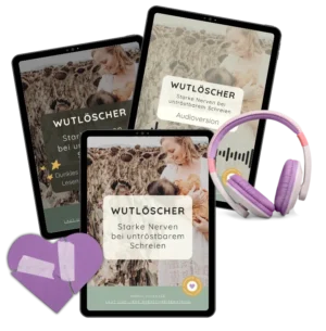 Wutlöscher E-Book Produktabbildung mit Tablets, Kopfhörern und herzförmigem Kissen in Lila