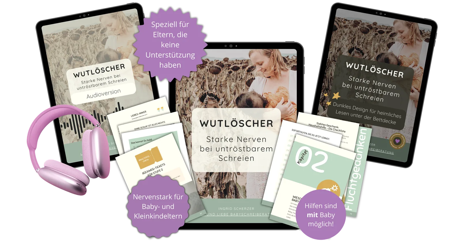 Umfassende Produktabbildung Wutlöscher mit Tablets, Kopfhörern, Lernmaterialien und lila Gestaltungselementen