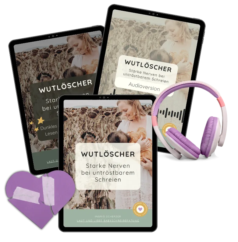 Wutlöscher E-Book Produktabbildung mit Tablets, Kopfhörern und herzförmigem Kissen in Lila