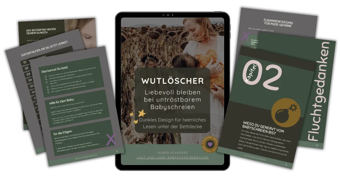 Mockup Wutlöscher E-Book mit dunkelgrünem Design, Tablets und Übersicht Lerninhalte