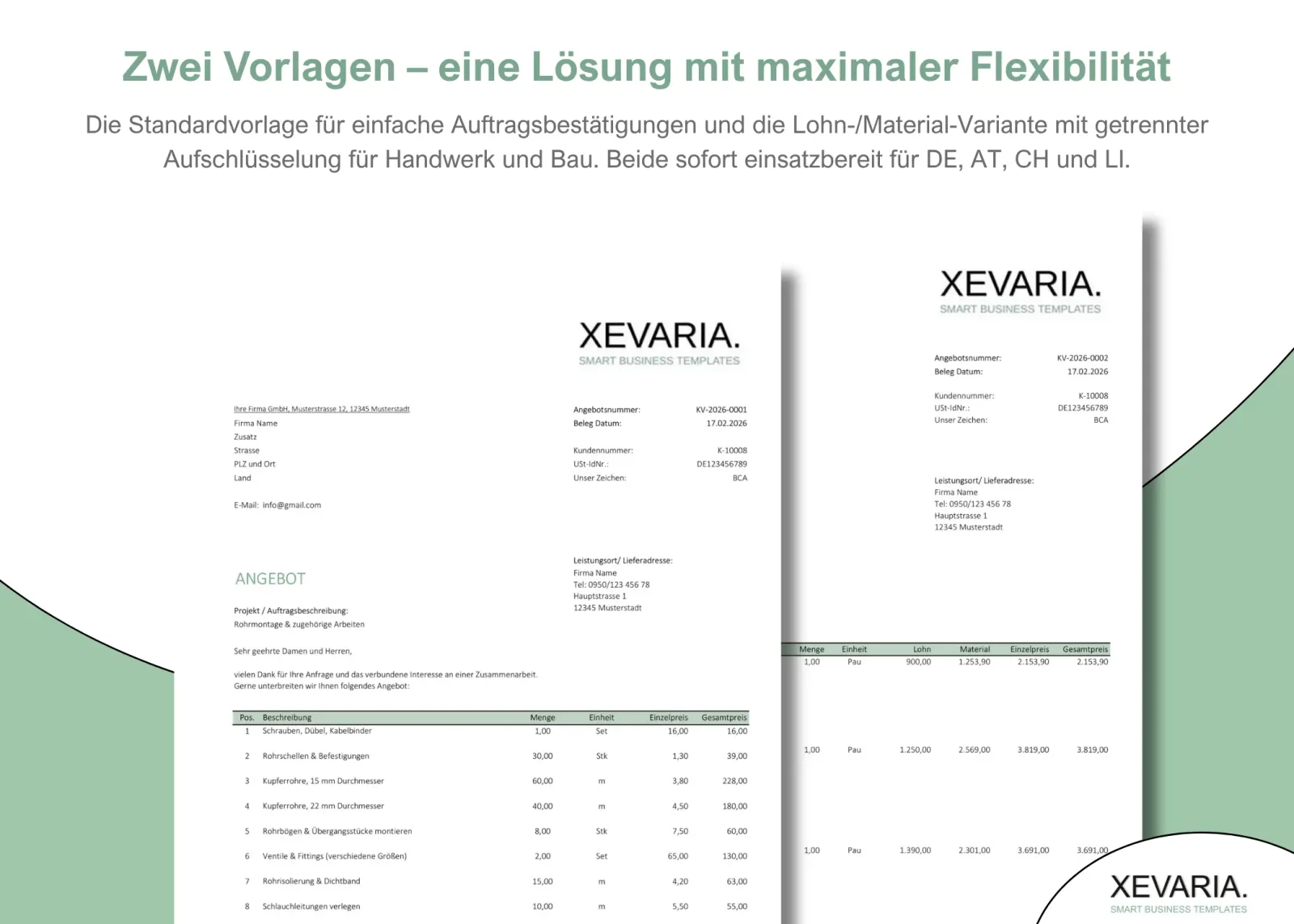 XEVARIA Profi Master Set – Bürovorlagen-Paket 3 XEVARIA Angebot Excel Vorlage in zwei Versionen – Standard und Lohn/Material