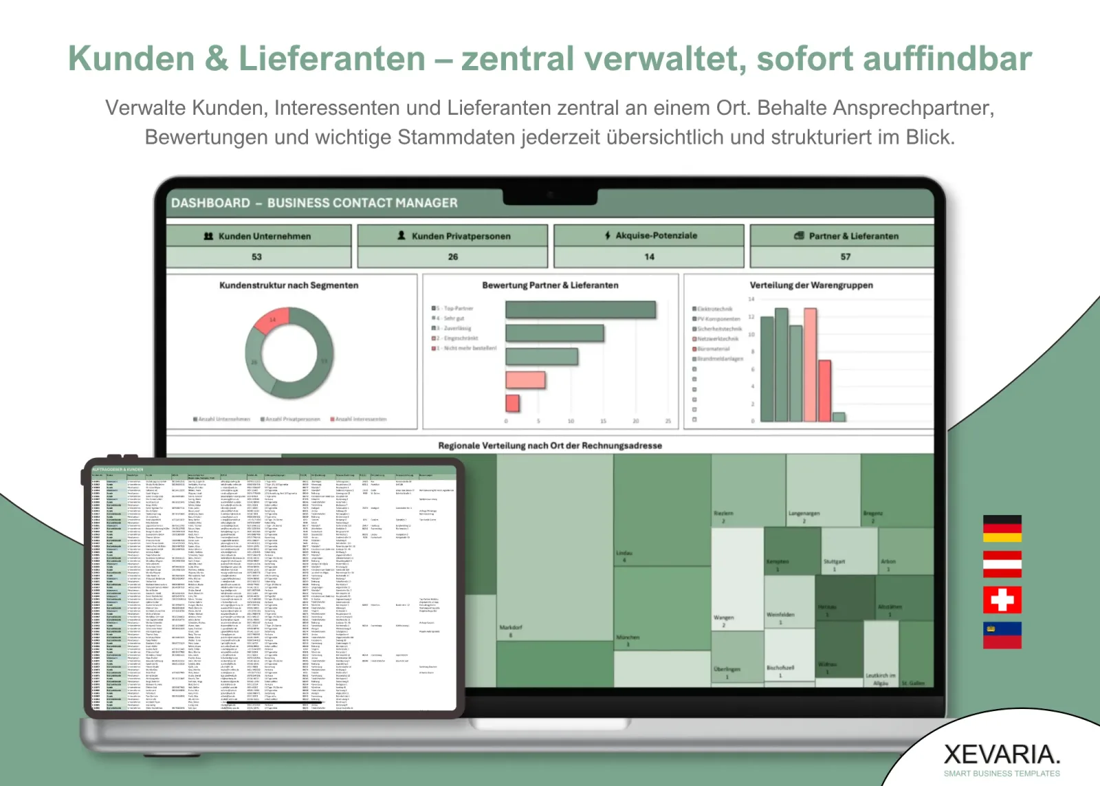 XEVARIA Profi Master Set – Bürovorlagen-Paket 13 Kunden- und Lieferantenverwaltung Excel Vorlage von xevaria.com