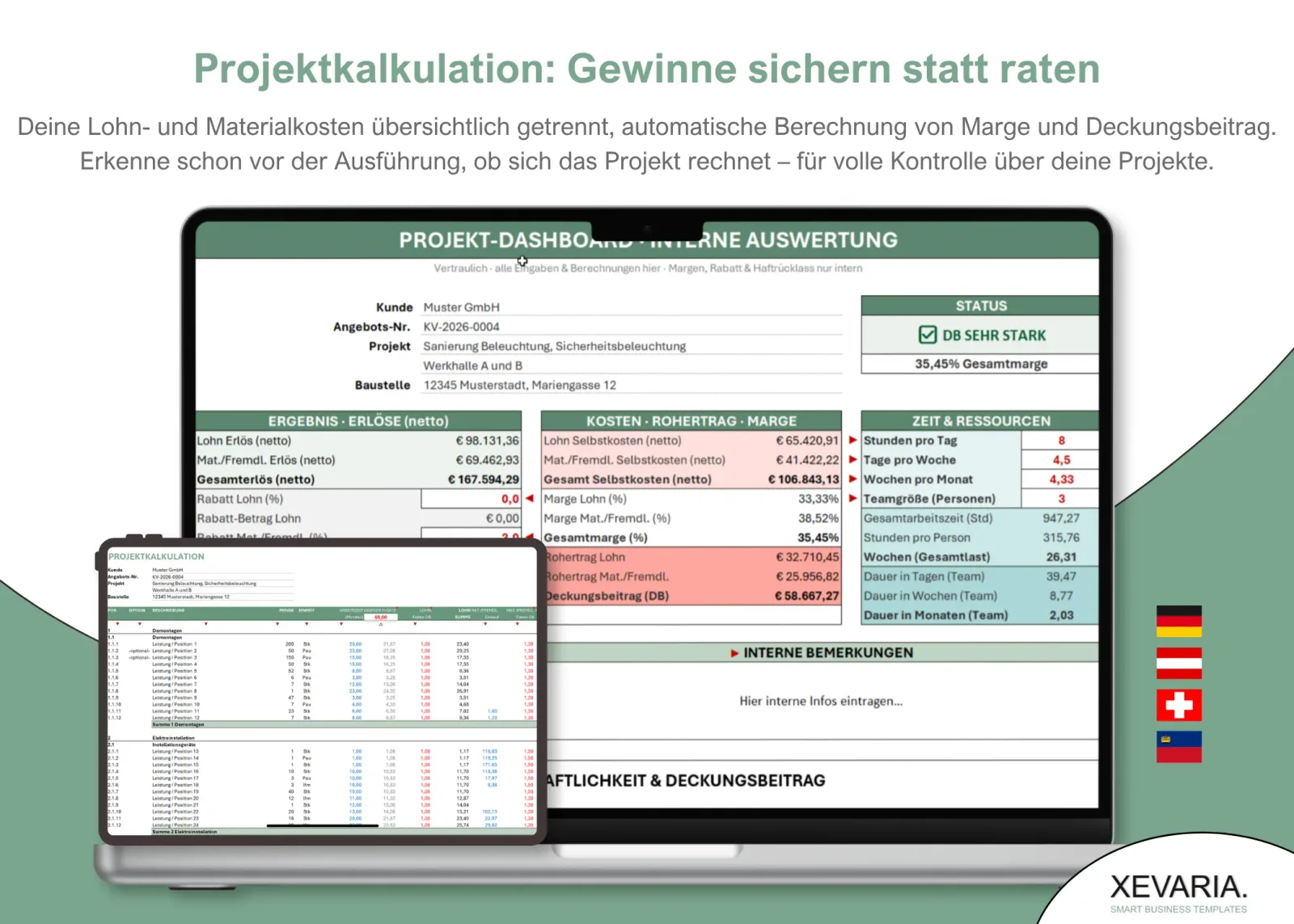 XEVARIA Profi Master Set – Bürovorlagen-Paket 14 Projektkalkulation Excel Vorlage mit Dashboard und Kennzahlen für Lohn-, Material- und Deckungsbeitragsberechnung