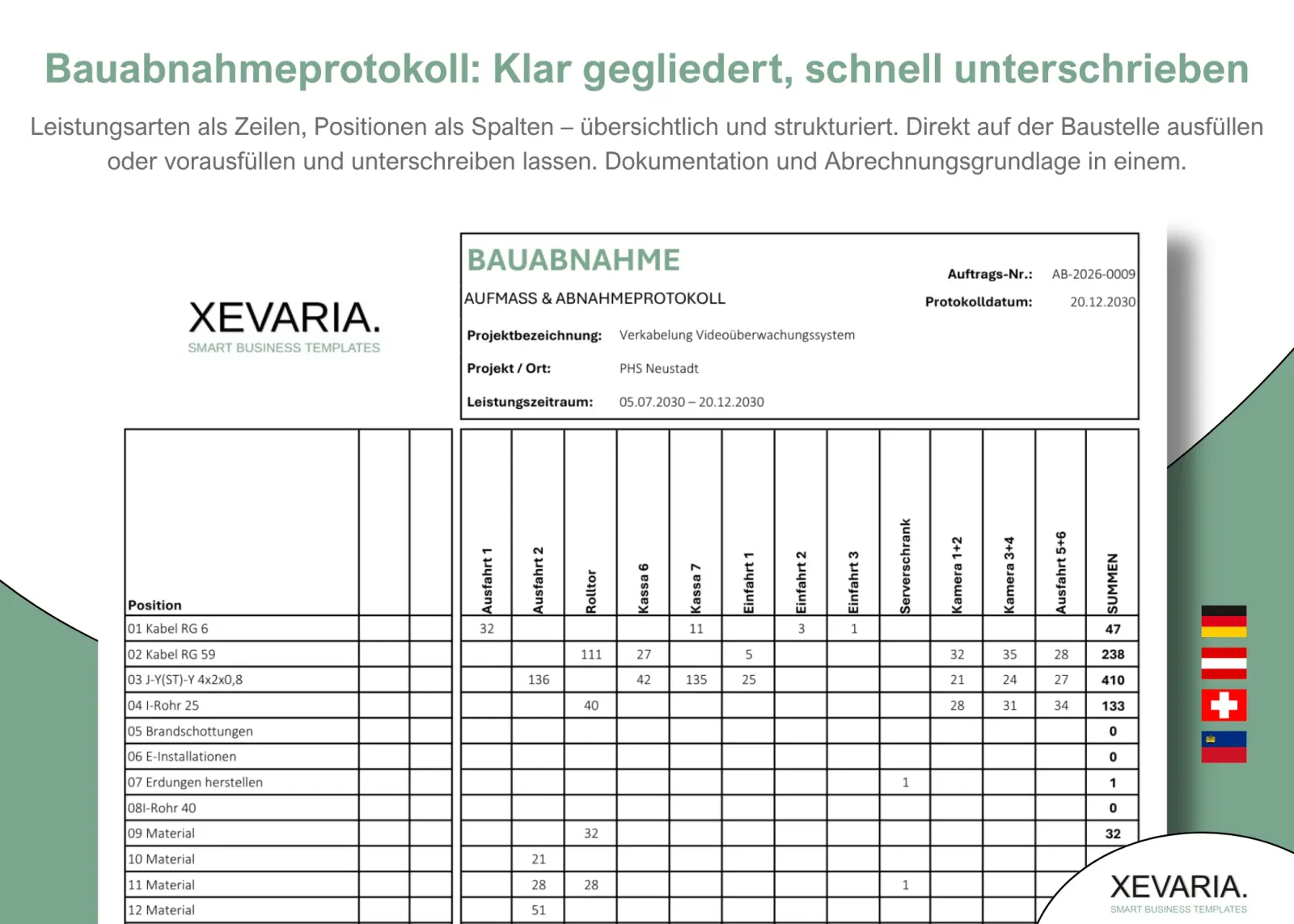 XEVARIA Profi Master Set – Bürovorlagen-Paket 15 Bauabnahmeprotokoll Excel Vorlage mit strukturiertem Aufmaß und Abnahmeverzeichnis für Bauprojekte