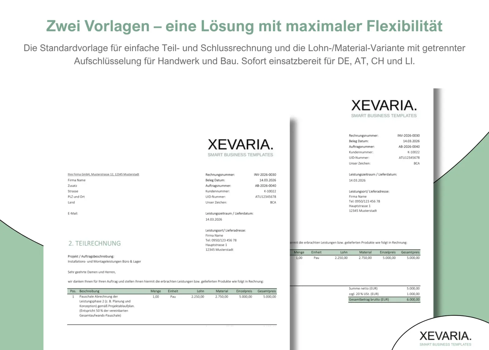 XEVARIA Profi Master Set – Bürovorlagen-Paket 16 Teilrechnung und Schlussrechnung Excel Vorlagen mit Lohn-/Material-Variante für DE, AT, CH und LI