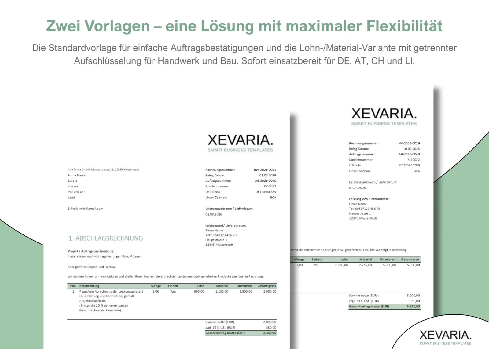 XEVARIA Profi Master Set – Bürovorlagen-Paket 17 Abschlagsrechnung und Schlussrechnung Excel Vorlagen mit Standard- und Lohn-/Material-Variante