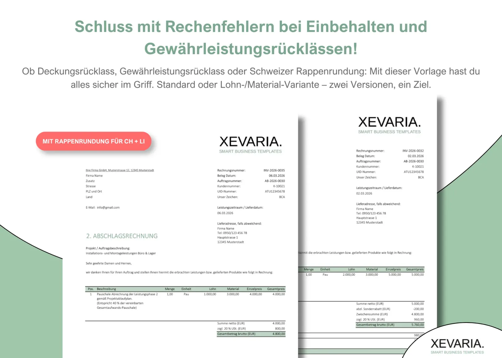 XEVARIA Profi Master Set – Bürovorlagen-Paket 18 Abschlagsrechnung und Schlussrechnung mit Deckungsrücklassung und Gewährleistungsrücklassung inkl. Rappenrundung