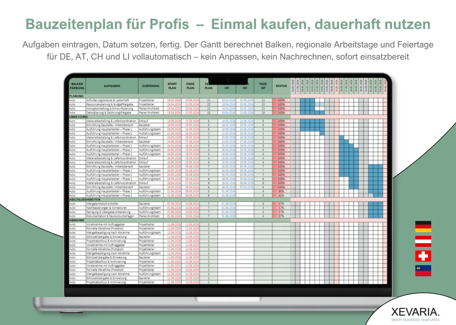 XEVARIA Profi Master Set – Bürovorlagen-Paket 19 Bauzeitenplan als Gantt-Diagramm Excel Vorlage mit automatischen Berechnungen für DE, AT, CH und LI
