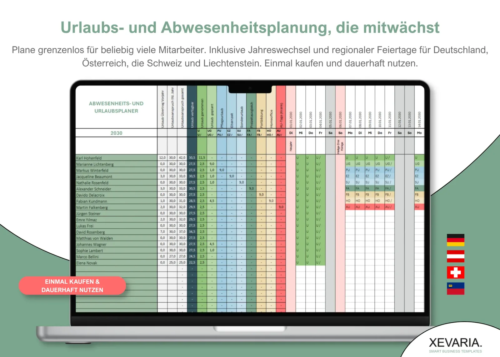 XEVARIA Profi Master Set – Bürovorlagen-Paket 20 Urlaubs- und Abwesenheitsplaner Excel Vorlage mit Jahresübersicht und regionalen Feiertagen für Deutschland, Österreich, Schw