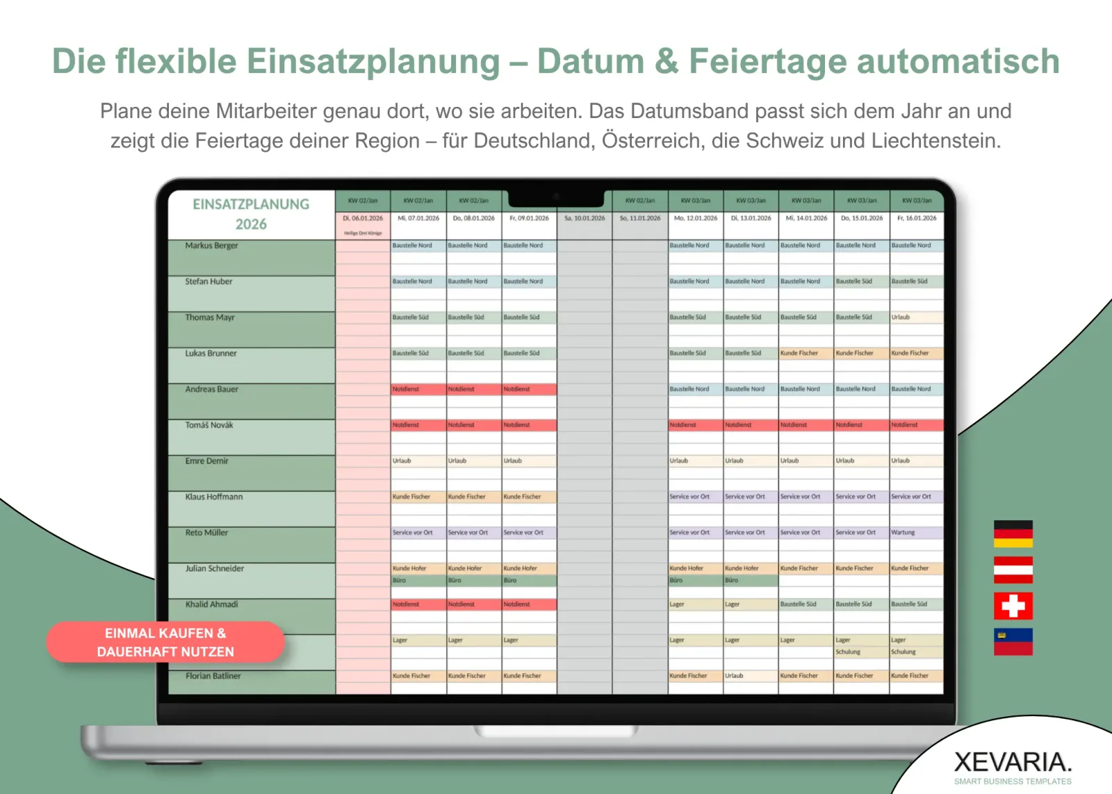 XEVARIA Profi Master Set – Bürovorlagen-Paket 21 Mitarbeiter Einsatzplanung Excel Vorlage mit flexiblem Jahreskalender und automatischen Feiertagen