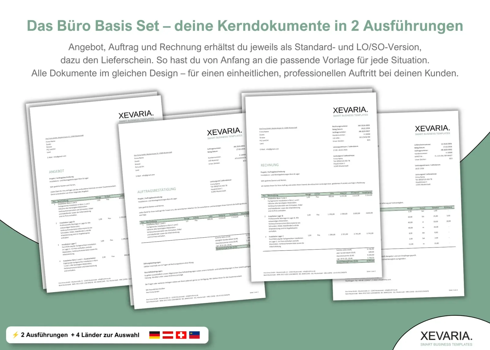 XEVARIA Profi Master Set – Bürovorlagen-Paket 22 Excel Vorlagen Set mit Angebot, Auftrag, Rechnung und Lieferschein in Standard- und LO/SO-Variante