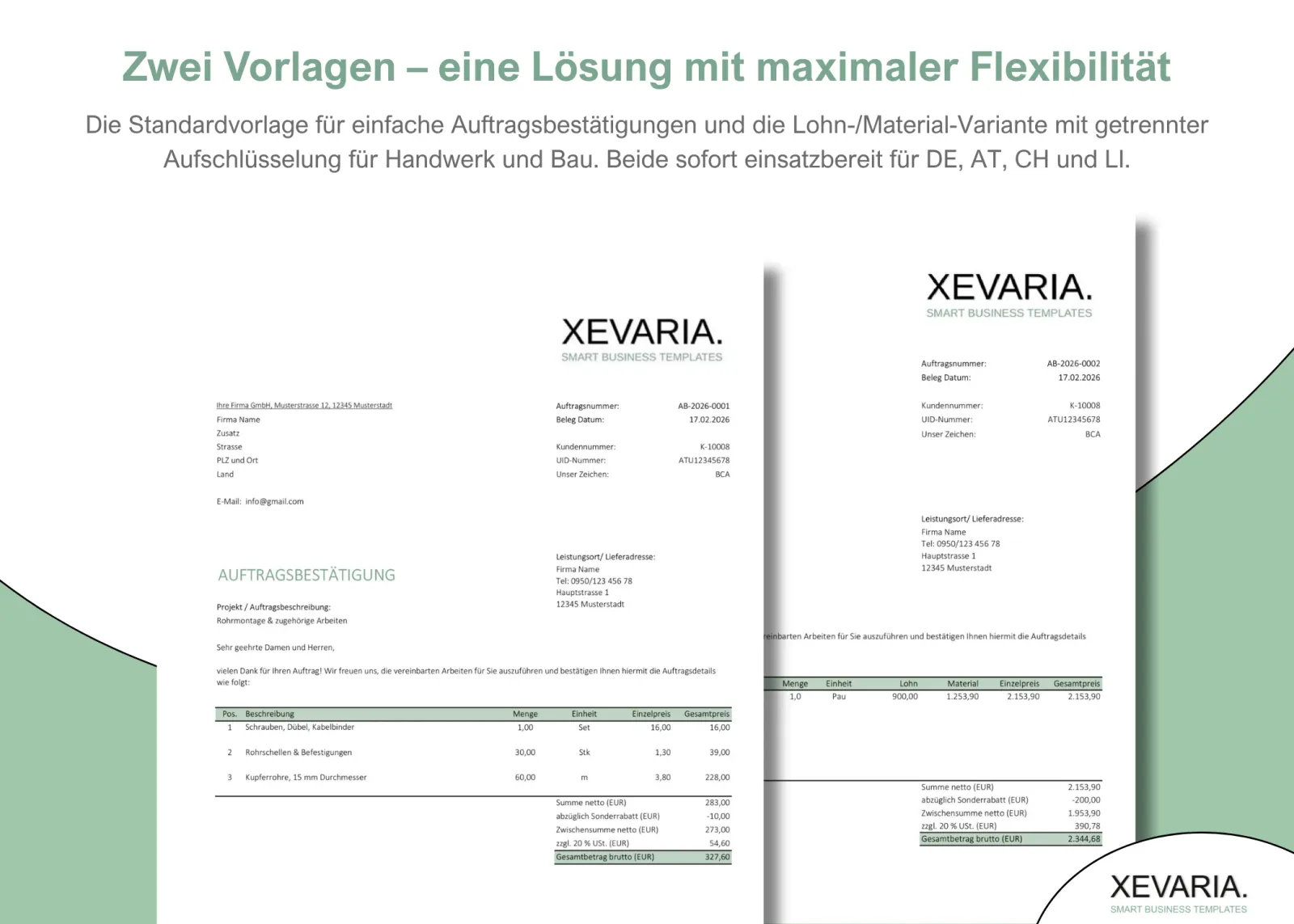 XEVARIA Profi Master Set – Bürovorlagen-Paket 4 XEVARIA Auftragsbestätigung Excel Vorlage in zwei Versionen mit Lohn/Material-Trennung