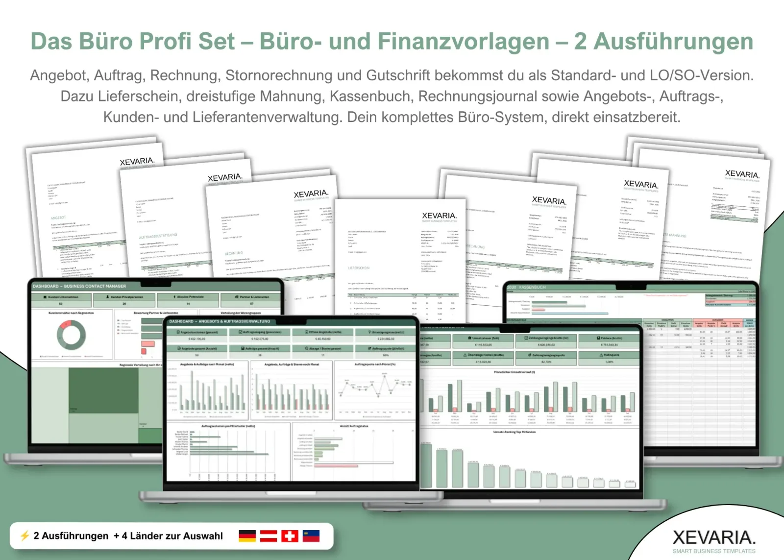 XEVARIA Profi Master Set – Bürovorlagen-Paket 23 Excel Vorlagen Set mit 18 Vorlagen für Kassenbuch, Rechnungsjournal, Auftragsverwaltung und Finanzen