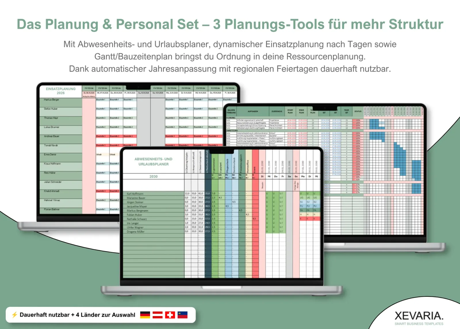 XEVARIA Profi Master Set – Bürovorlagen-Paket 24 Excel Vorlagen Set mit Urlaubsplaner, Einsatzplanung und Bauzeitenplan als Gantt – Planung & Personal Set