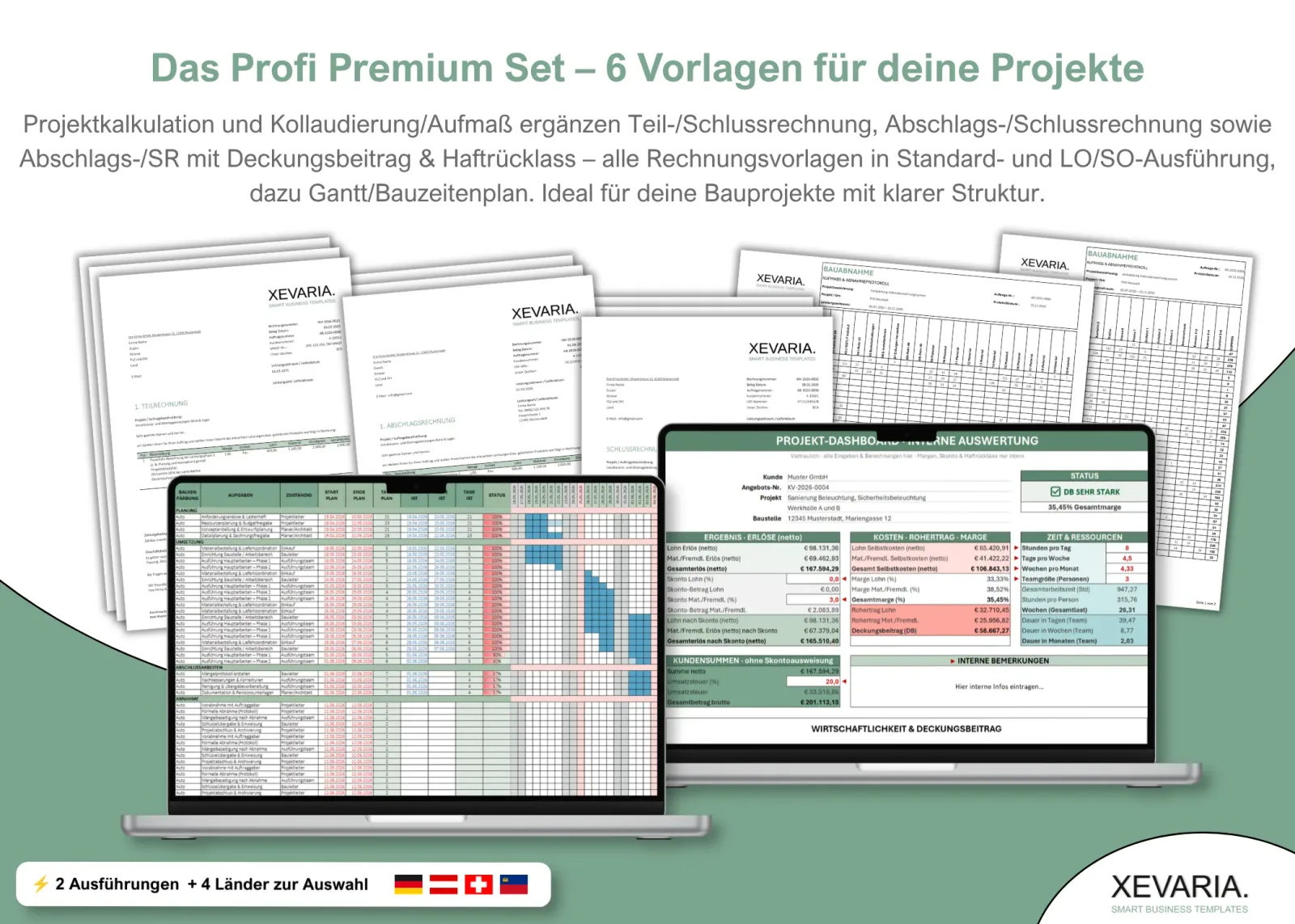 XEVARIA Profi Master Set – Bürovorlagen-Paket 25 Excel Vorlagen Set: 6 Vorlagentypen, 22 Vorlagen für Projektkalkulation, Aufmaß, Abschlagsrechnung – Profi Premium Set