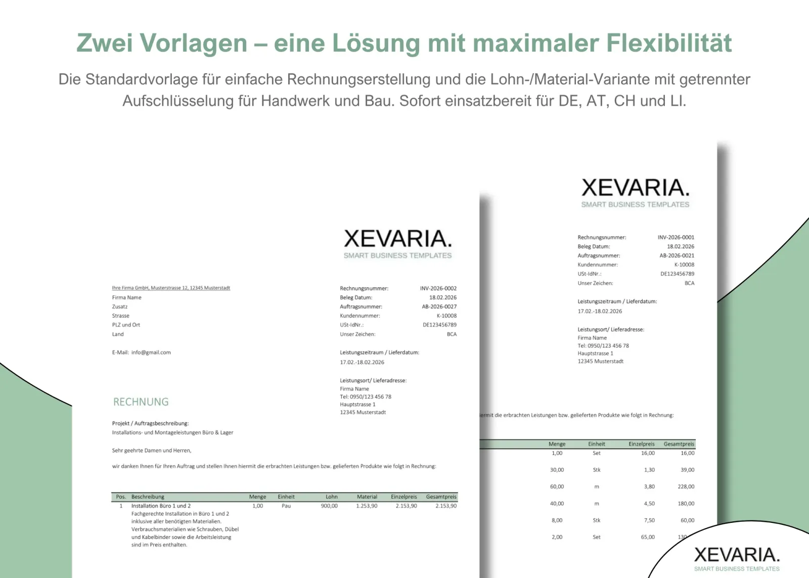 XEVARIA Profi Master Set – Bürovorlagen-Paket 5 XEVARIA Rechnung Excel Vorlage in zwei Versionen – Standard und Lohn/Material