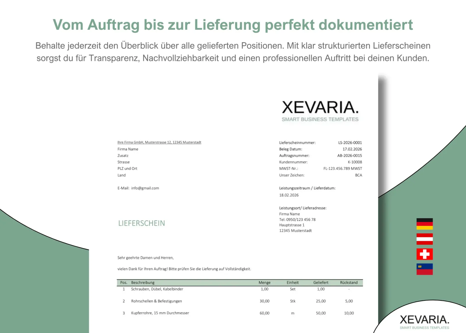 XEVARIA Profi Master Set – Bürovorlagen-Paket 6 XEVARIA Lieferschein Excel Vorlage – Dokumentenstruktur vom Auftrag bis zur Lieferung