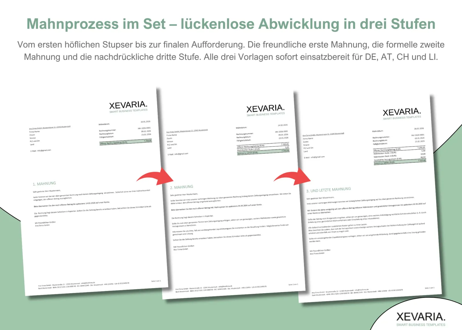 XEVARIA Profi Master Set – Bürovorlagen-Paket 7 XEVARIA Mahnung Excel Vorlage mit drei Mahnstufen – erste, zweite und dritte Mahnung