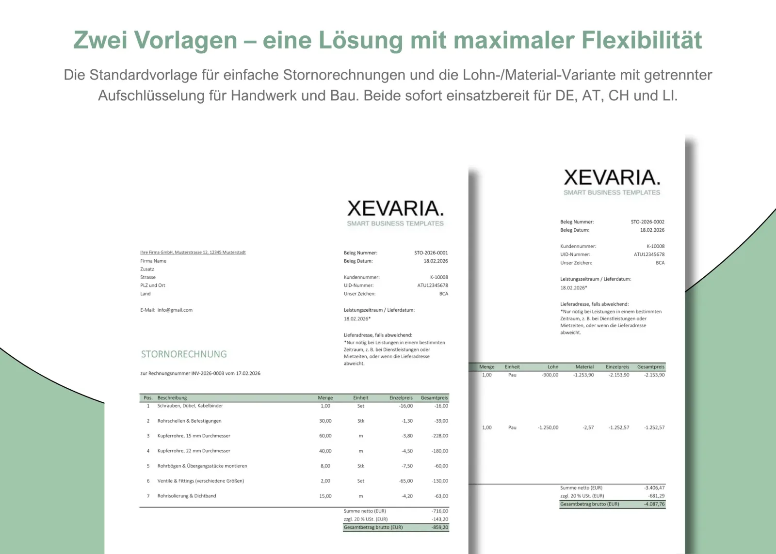 XEVARIA Profi Master Set – Bürovorlagen-Paket 8 XEVARIA Stornorechnung Excel Vorlage in zwei Versionen mit Lohn/Material-Trennung
