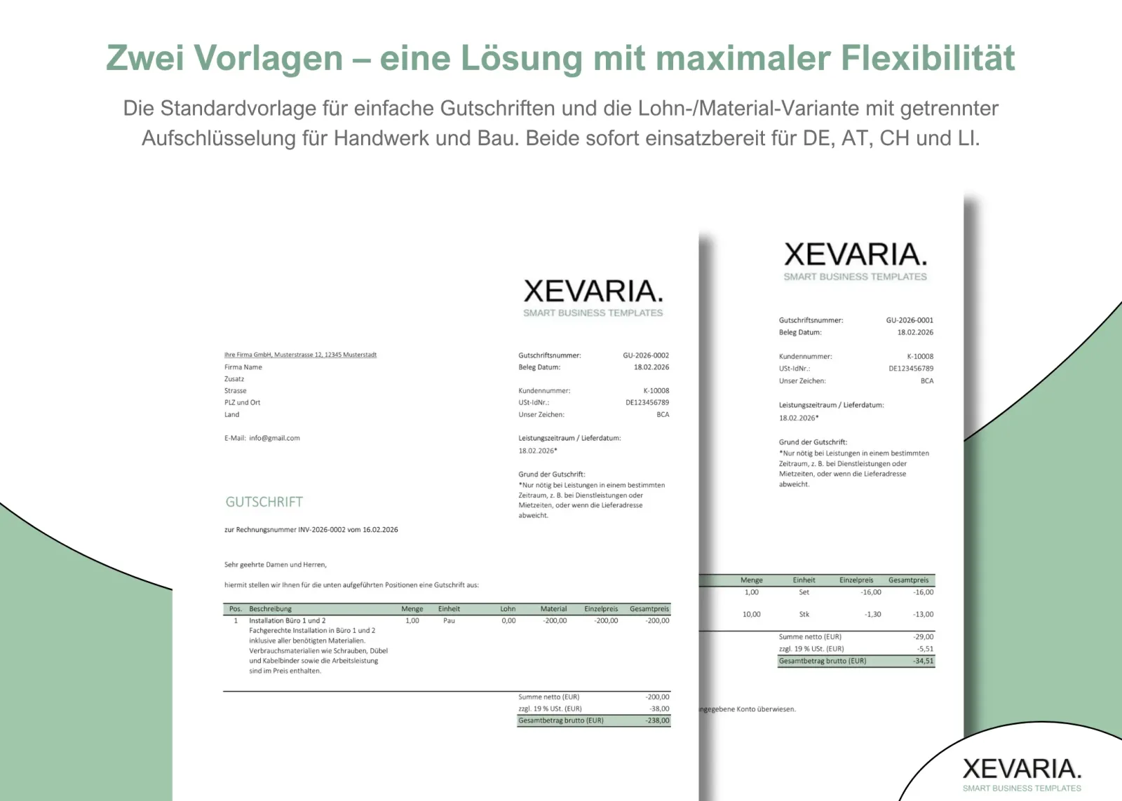 XEVARIA Profi Master Set – Bürovorlagen-Paket 9 XEVARIA Gutschrift Excel Vorlage in zwei Versionen – Standard und Lohn/Material