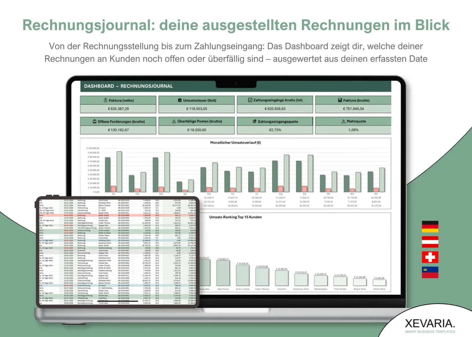 XEVARIA Profi Master Set – Bürovorlagen-Paket 11 XEVARIA Rechnungsjournal Excel Vorlage – Dashboard mit Kennzahlen, Umsatzverlauf und Kunden-Ranking