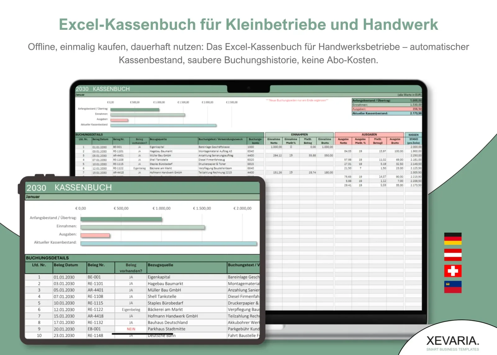 XEVARIA Profi Master Set – Bürovorlagen-Paket 1 XEVARIA Excel-Kassenbuch für Kleinbetriebe und Handwerk mit Dashboard und Buchungsdetails