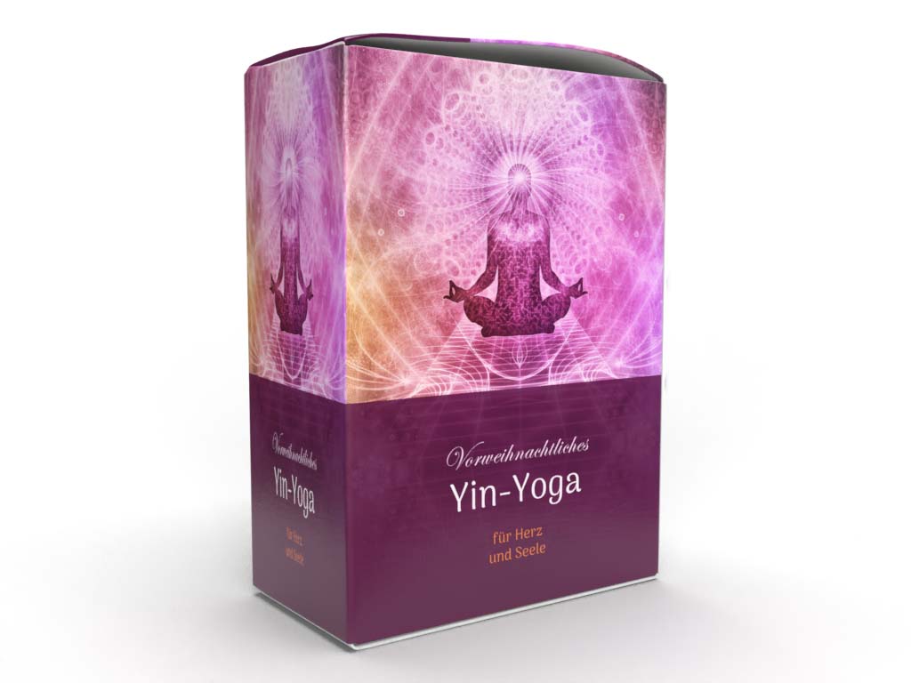 Produktbox Vorweihnachtliches Yin-Yoga mit lila Energie-Design und meditierender Figur