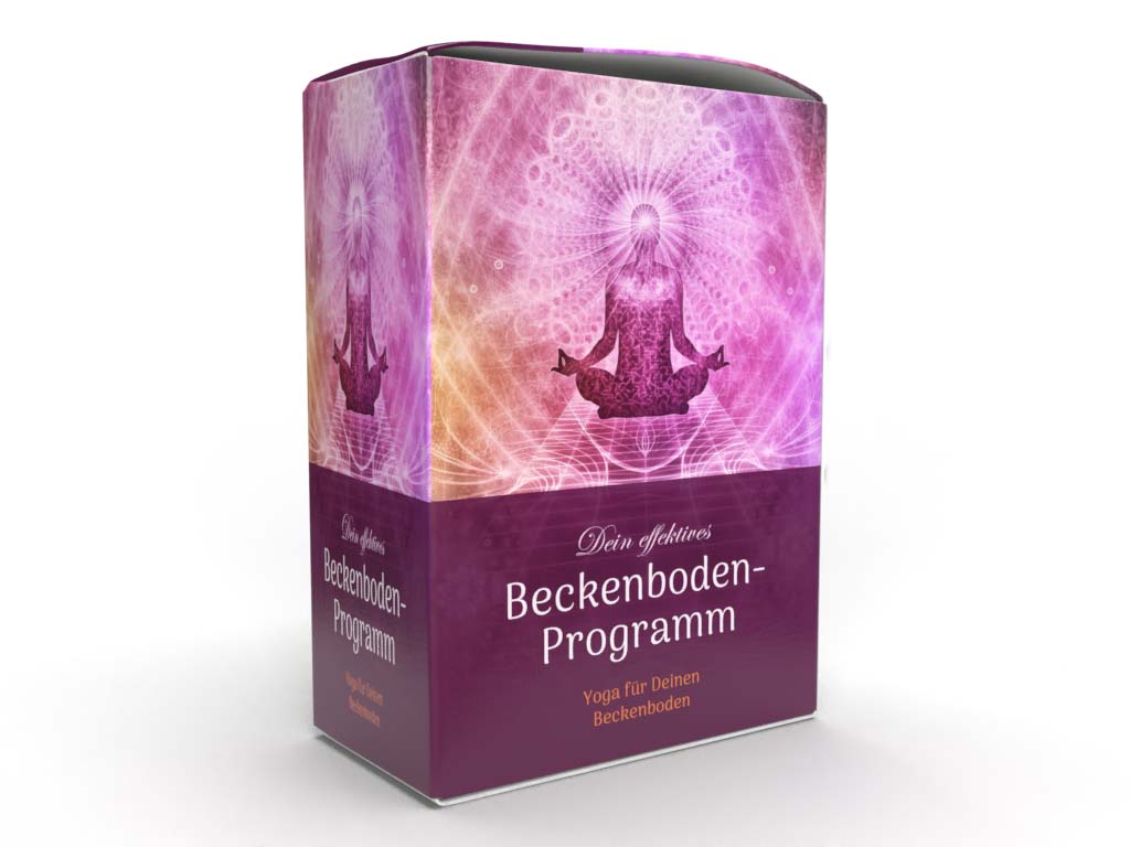 Produktbox Dein effektives Beckenboden-Programm mit lila Energie-Design und meditierender Figur