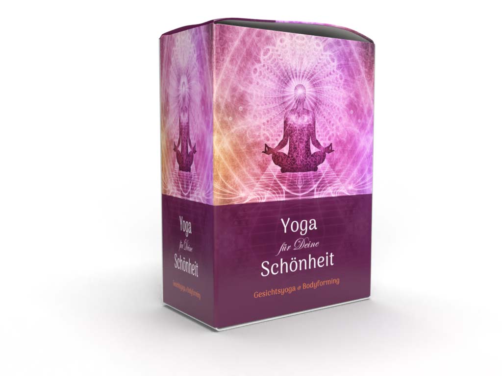 Produktbox Yoga für Deine Schönheit mit lila Energie-Design und meditierender Figur