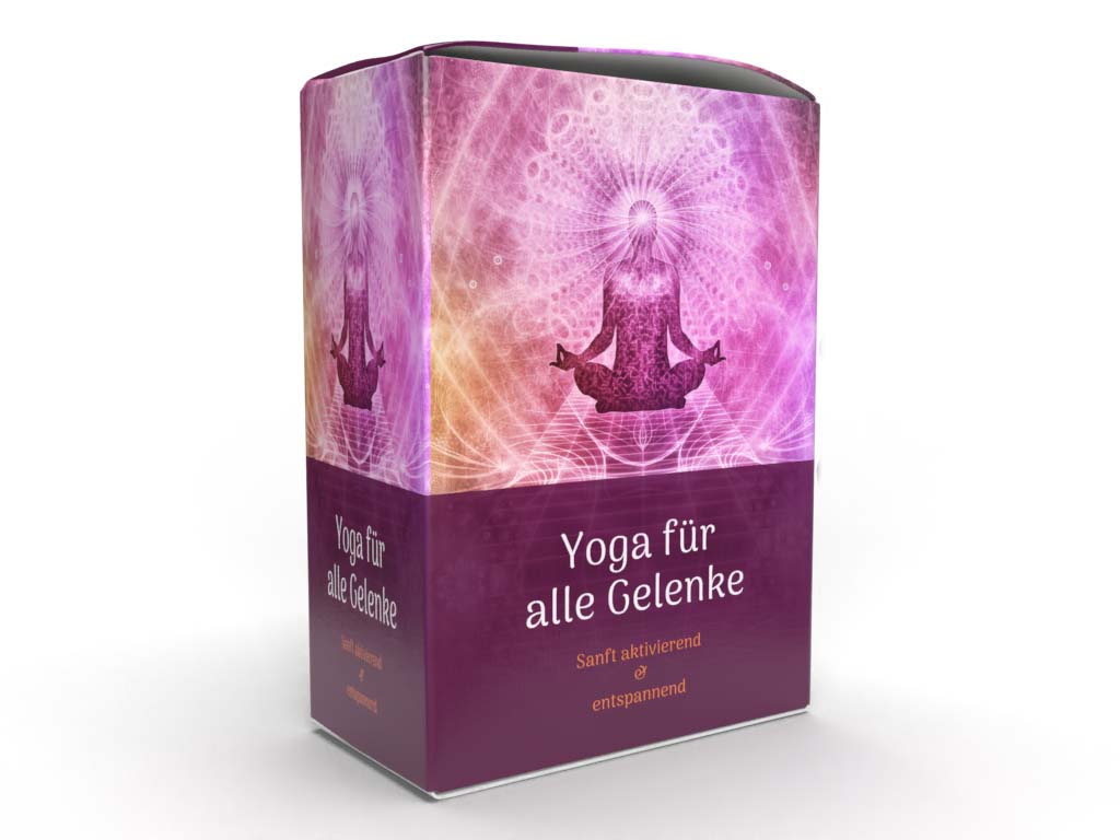 Produktbox Yoga für alle Gelenke mit lila Energie-Design und meditierender Figur