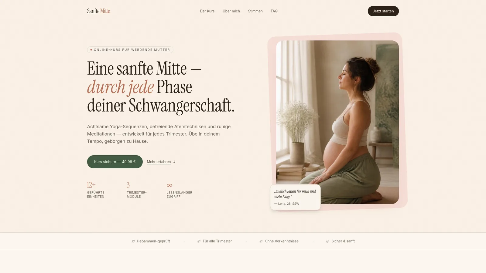 Landingpage Sanfte Mitte mit Kursangebot, Heading und Bild der meditierenden schwangeren Frau