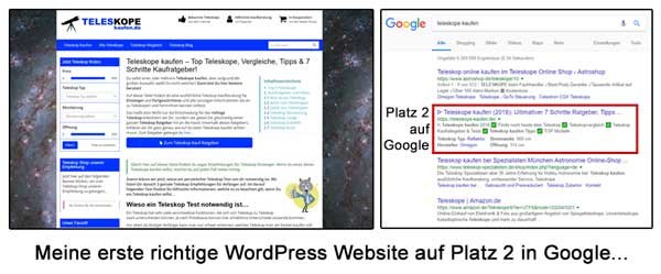 YouTube Ads Komplettanleitung – Videokurs zu bezahlter Werbung 4 Screenshot zeigt Teleskop-Website auf Platz 2 in Google-Suchergebnissen
