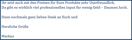 YouTube Ads Komplettanleitung – Videokurs zu bezahlter Werbung 6 Kundenstimme von Markus: Feedback zu günstigen Preisen und professionellem Input für YouTube Ads Kurs
