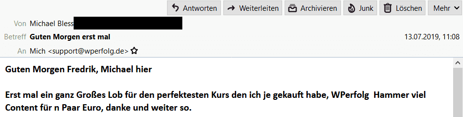 YouTube Ads Komplettanleitung – Videokurs zu bezahlter Werbung 7 E-Mail-Testimonial von Michael Bless: Positive Bewertung des YouTube Ads Kurses