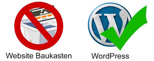 YouTube Ads Komplettanleitung – Videokurs zu bezahlter Werbung 5 Vergleichsgrafik zeigt rotes Verbotszeichen für Website-Baukästen und grünes Häkchen für WordPress