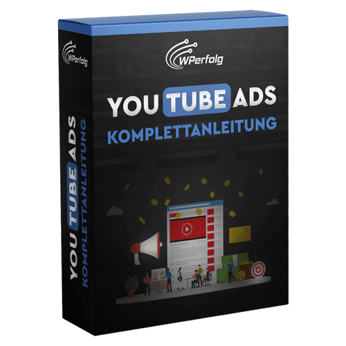 YouTube Ads Komplettanleitung – Videokurs zu bezahlter Werbung 1 Produktbox YouTube Ads Komplettanleitung von WPerfolg mit blauem Deckel und schwarzer Vorderseite