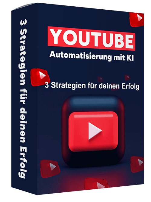Produktbox YouTube-Automatisierung mit KI zeigt rotes Play-Button-Symbol und Text 3 Strategien für deinen Erfolg