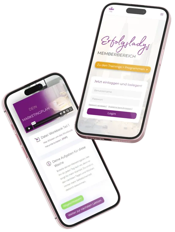 iPhone Mockups zeigen Erfolgsladys Mitgliederbereich und YouTube-Marketing-Kurs-Oberfläche