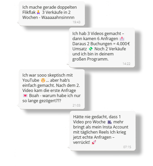 Kundinnen-Testimonials zum YouTube Mastery Kurs in Sprechblasen-Format mit Erfolgsgeschichten