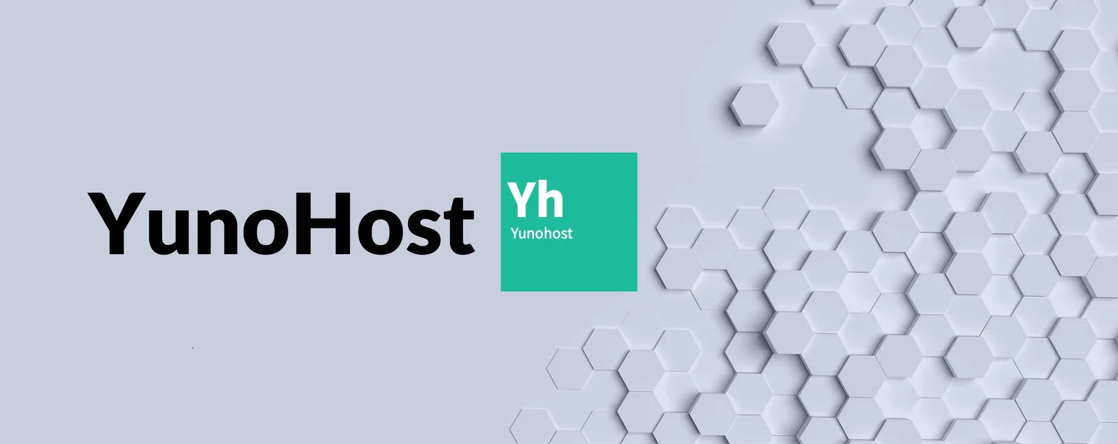 YunoHost Logo und Schriftzug auf hexagonalem Hintergrund, grünes Yh-Quadrat