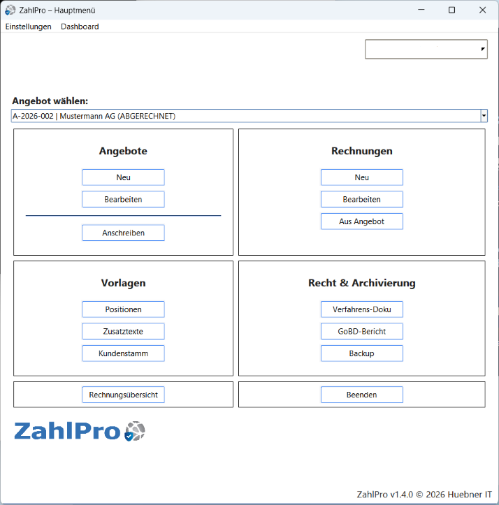 ZahlPro Hauptmenü – zum Vergrößern klicken