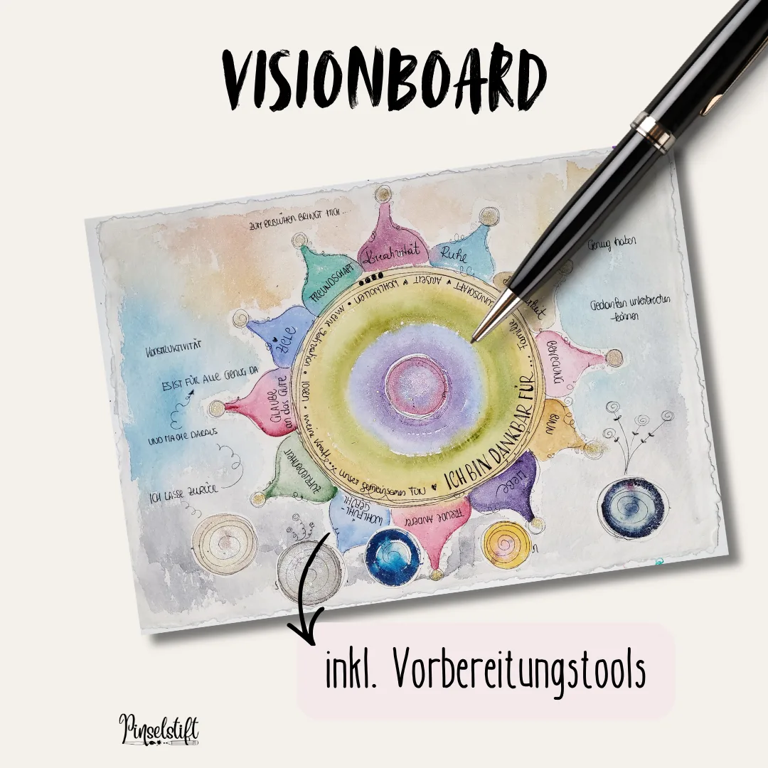 Zauberhaftes Visionboard – E-Book zur Zielfindung 5 Visionboard mit farbig gestalteter Mandala und Notizen, Hand hält schwarzen Pinselstift