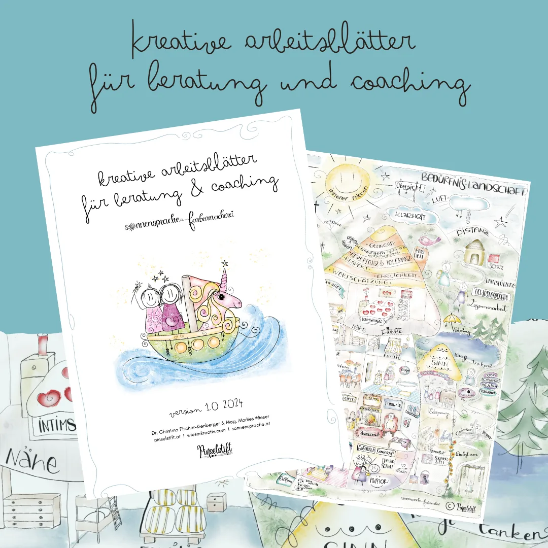 Zauberhaftes Visionboard – E-Book zur Zielfindung 11 Kreative Arbeitsblätter Bundle mit Einhorn-Boot und Landschafts-Illustration für Coaching-Sitzungen