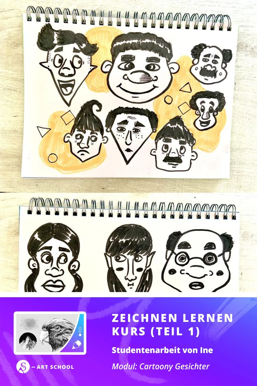 Studentenarbeit Cartoony Gesichter: Skizzenbuch-Seiten mit schwarz-weißen Karikaturen verschiedener expressiver Gesichter und