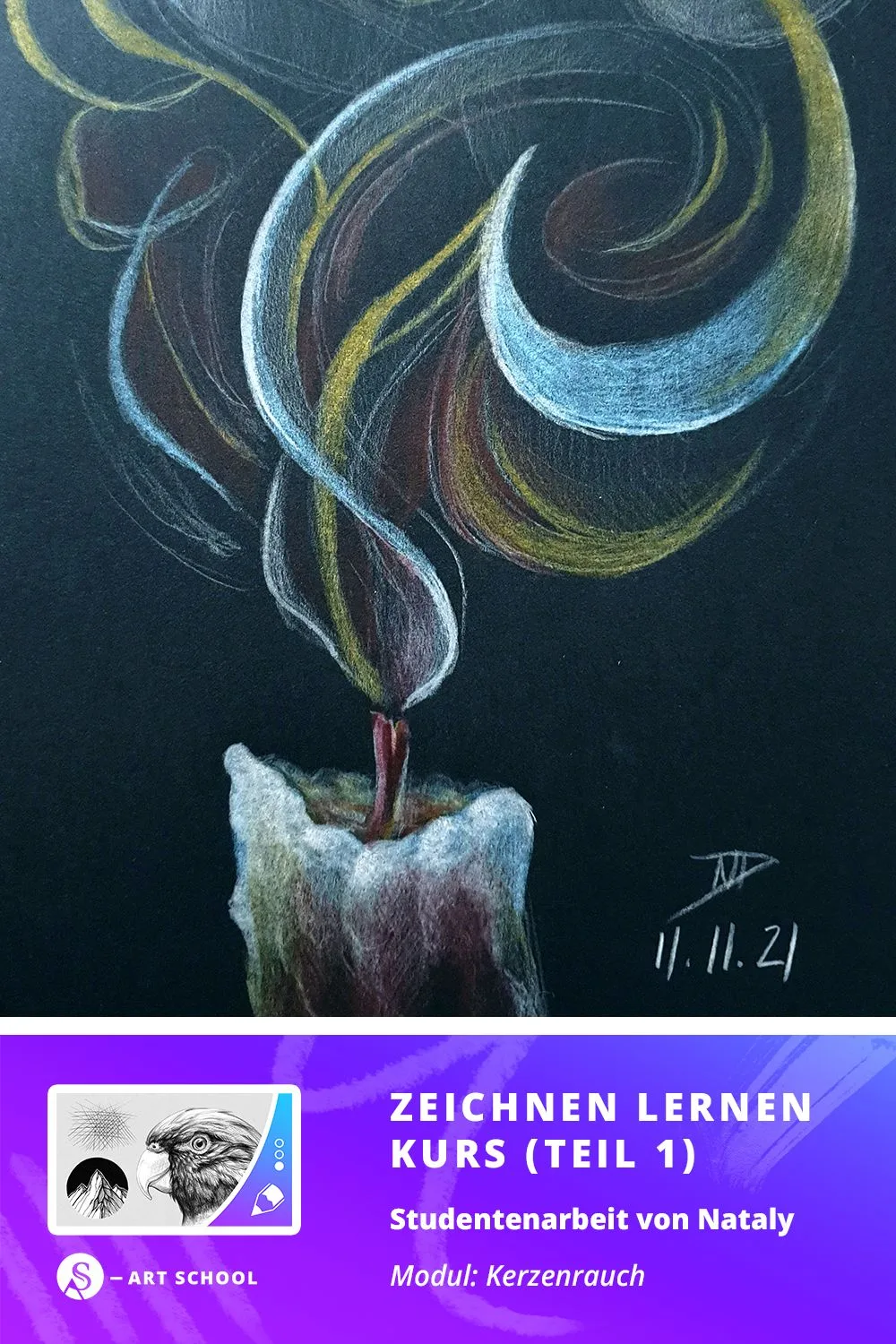 Studentenarbeit Kerzenrauch: Farbige Pastellzeichnung einer brennenden Kerze mit elegant geschwungenen Rauchformen in Blau, G