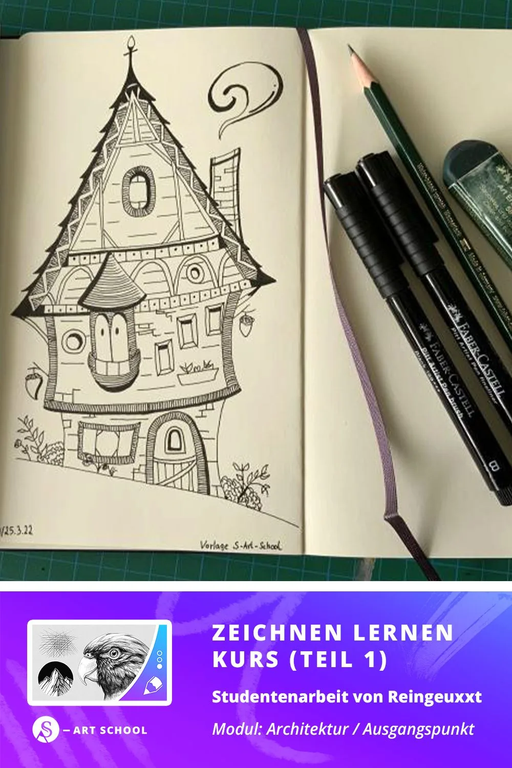 Skizze eines detaillierten fantastischen Hauses mit Spitzdach im offenen Notizbuch mit Zeichenstiften