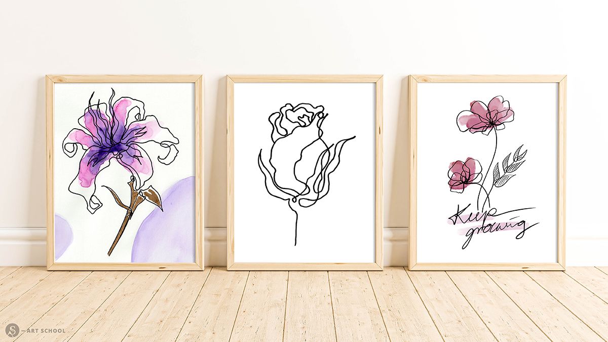 Drei gerahmte Blumenmotive: violette Lilie, minimalistisches Rosen-Line-Art und zwei rosa Blüten mit Text