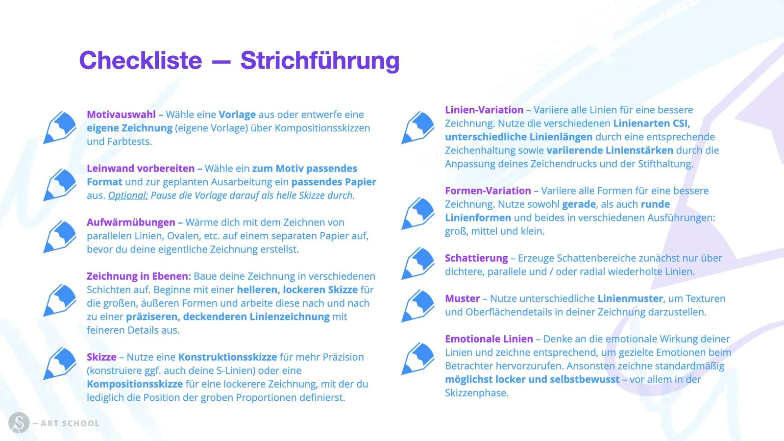 Checkliste Strichführung: Übersicht mit Stift-Icons und Text zu Motivauswahl, Leinwand vorbereiten, Aufwärmübungen, Zeichnung