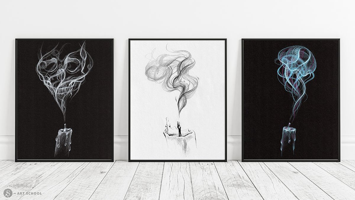Drei gerahmte Zeichnungen: links Herz mit Augen, Mitte lockige Haare mit Figur, rechts abstraktes Kopfdesign mit Linien